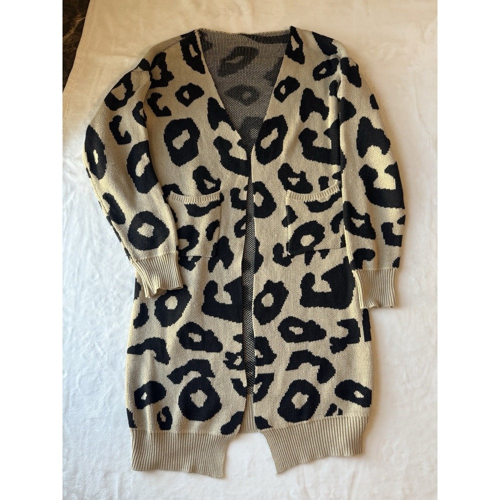 Vestidos Leopard Knit Cardigan Sweater V-Neck‎ Open Pockets Beige Black Animal S